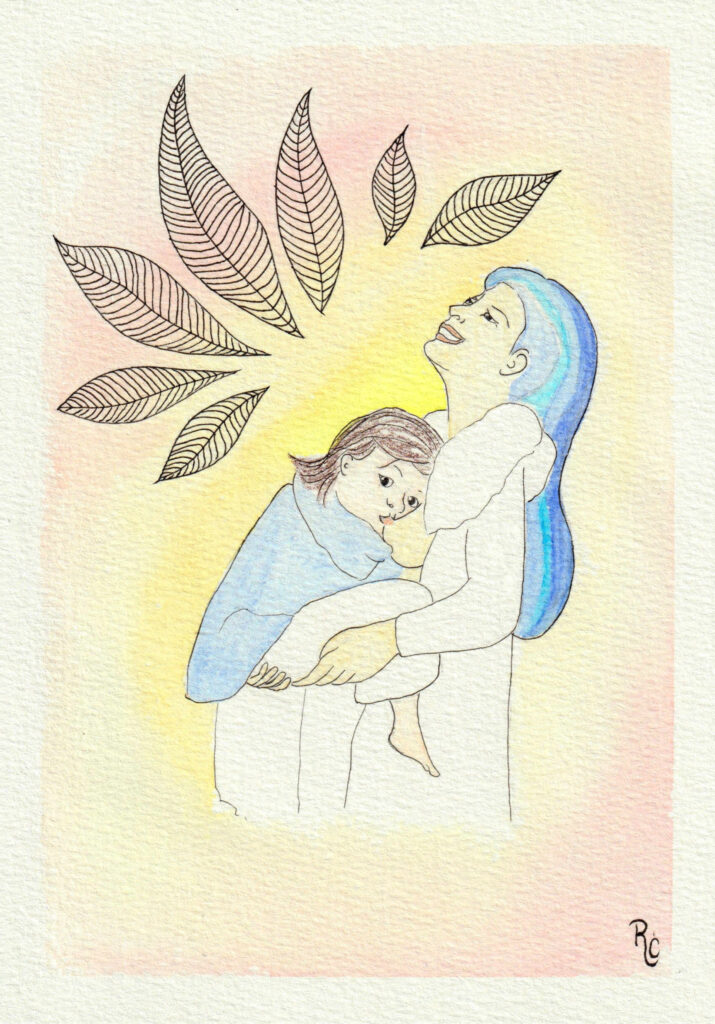 illustration d'une mère allaitant son enfant, motif floral