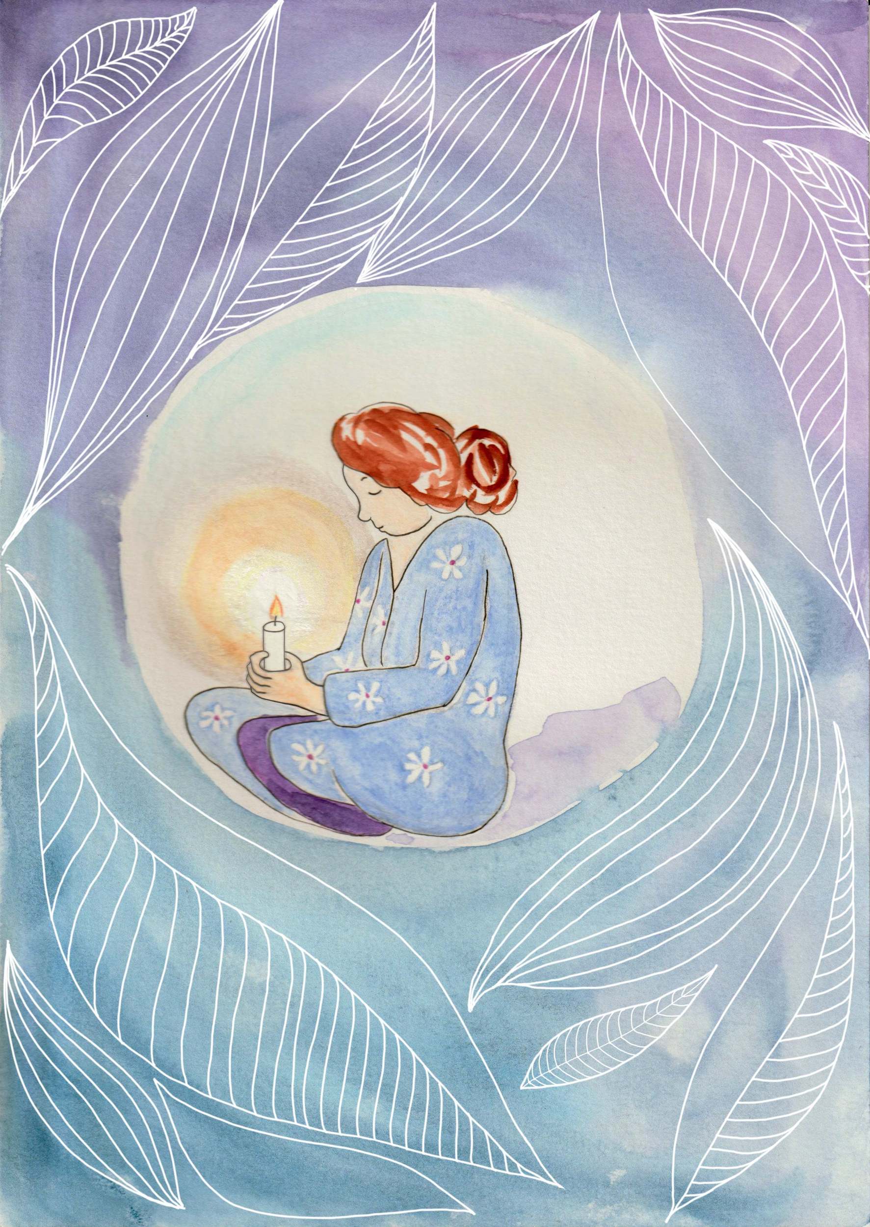 illustration de femme qui regarde une bougie allumée. La flamme éclaire son visage. motif floral autour sur fond bleu.