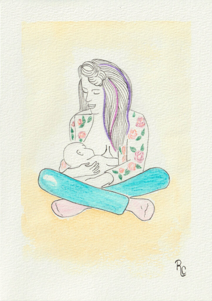 illustration d'une mère allaitant son bébé, veste motif floral