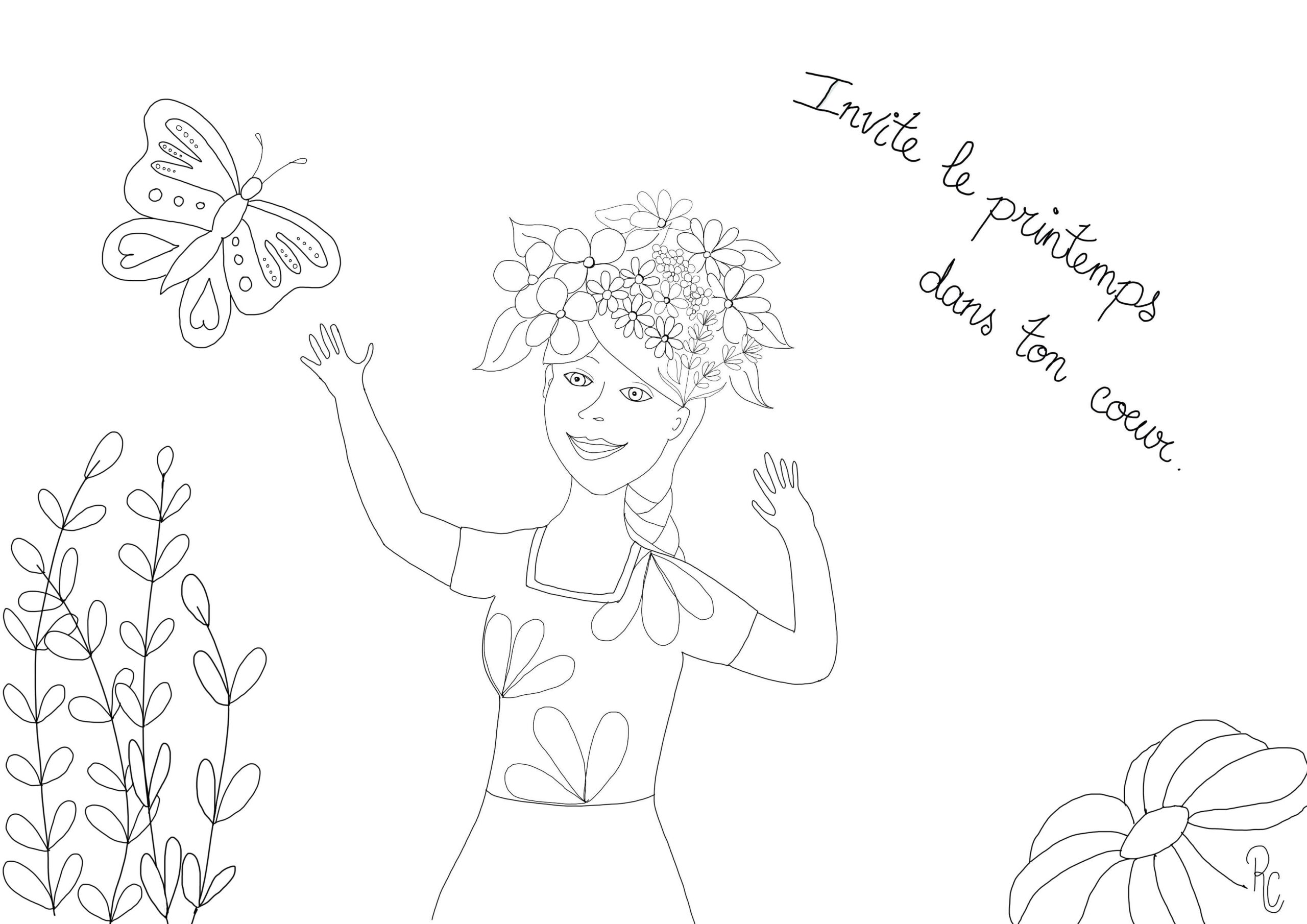 visuel d'un coloriage femme avec des fleurs à télécharger